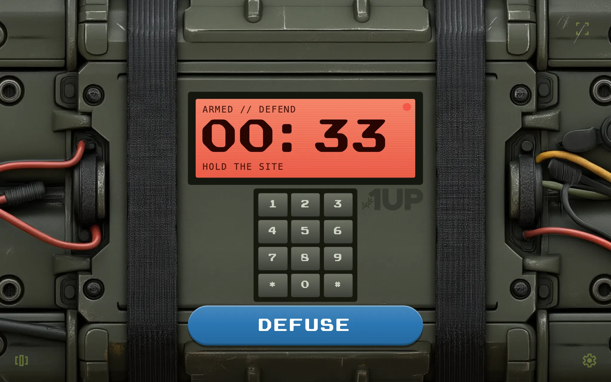 Beacon on a tablet, sideways: the charge armed, thirty-three seconds on the clock, the defuse key under it