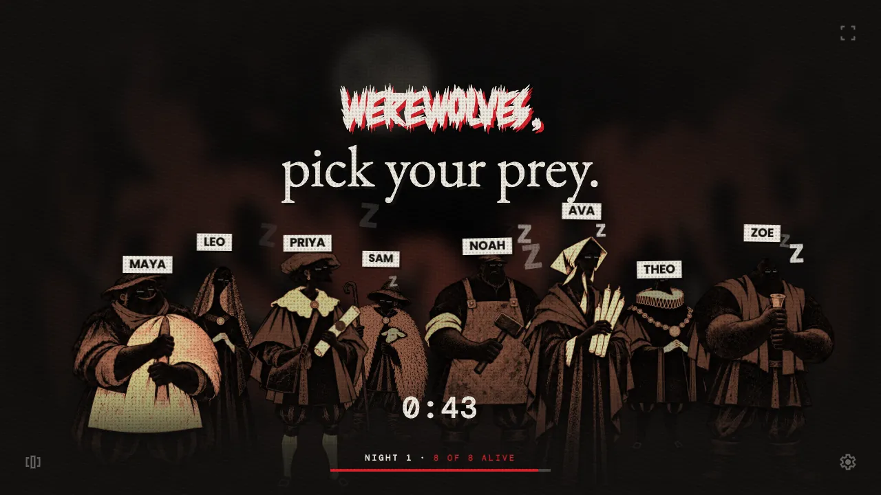 The TV running Werewolf: the wolves choosing at night, the morning's reveal, the village arguing, and the finale